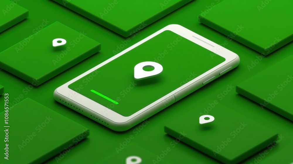 Smartphone with location pin on green background and geometric shapes. Smartphone with location pin on green background and geometric shapes.