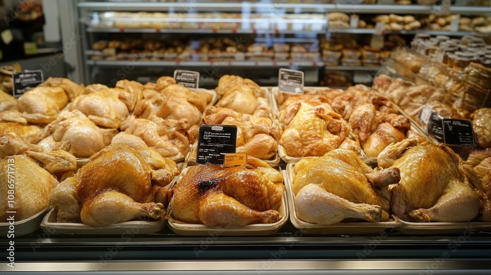 Piles of rotisserie chicken, juicy and golden, with a glossy skin, arranged in a grocery store deli counter display Piles of rotisserie chicken, juicy and golden, with a glossy skin, arranged in a grocery store deli counter display