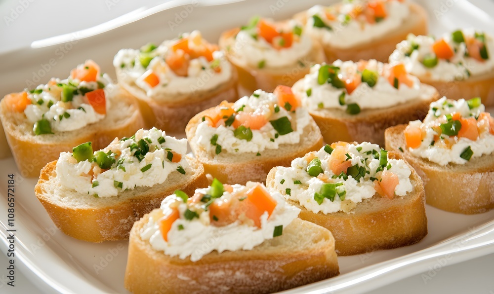 Toasted baguette bread with cream cheese and vegetables, Generative AI Toasted baguette bread with cream cheese and vegetables, Generative AI