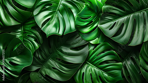 Lush green monstera leaves background