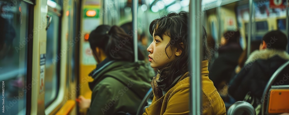 Obraz premium Woman gazing out window on a crowded city subway train.