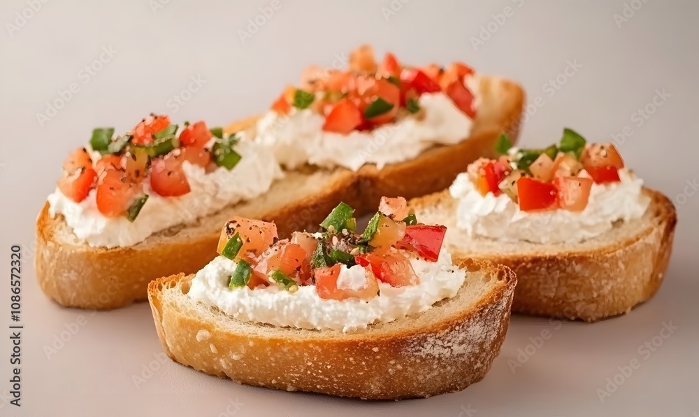 Toasted baguette bread with cream cheese and vegetables, Generative AI Toasted baguette bread with cream cheese and vegetables, Generative AI