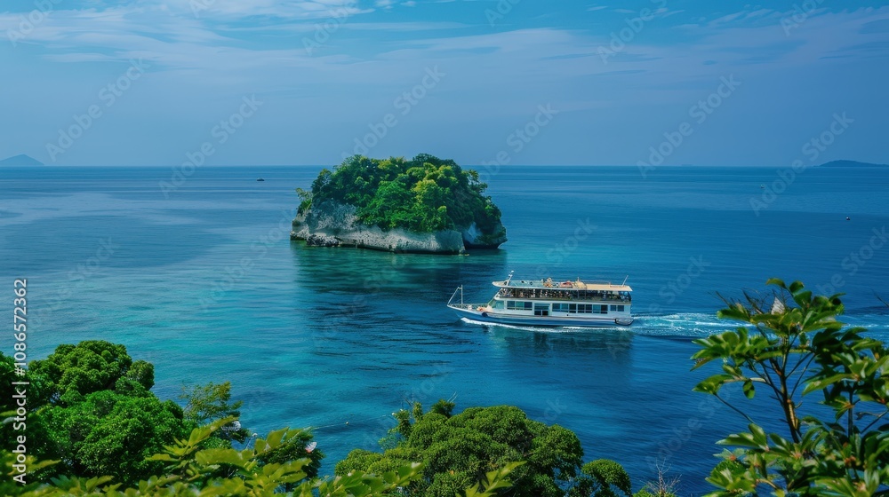 Naklejka premium Scenic Coastal View with Boat Near Island