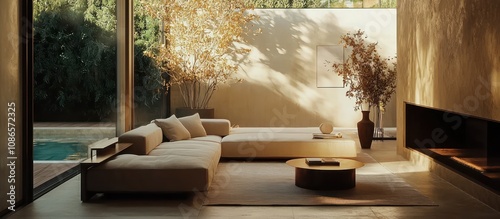 Modern villa interior with dry plants and beige furnishings under optimal lighting. photo