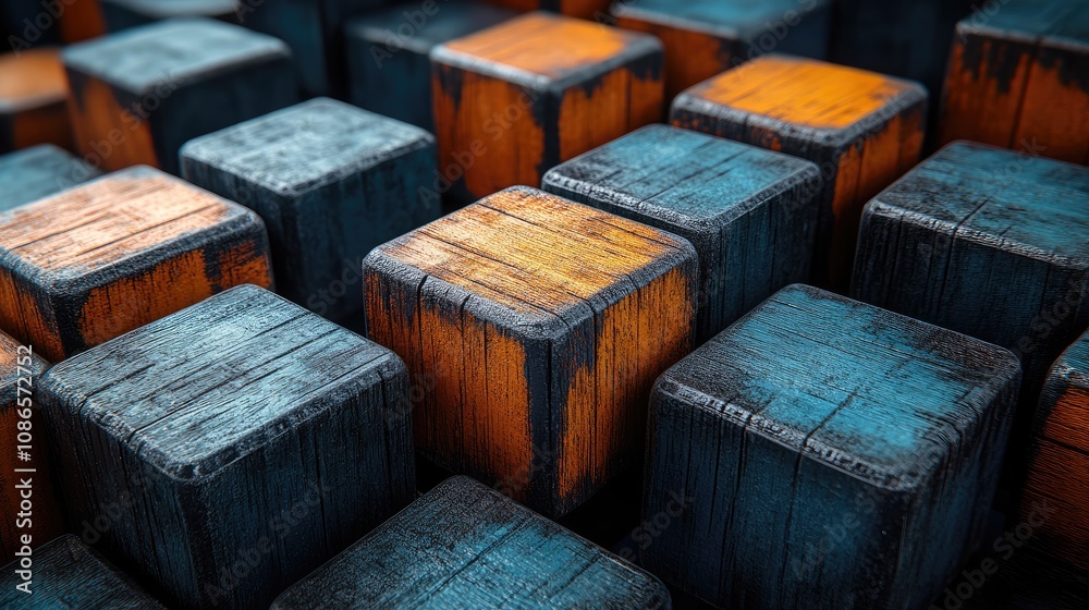 Wooden cubes with blue and orange paint. This image is great for designs or concepts for construction, creativity, or minimalism. Wooden cubes with blue and orange paint. This image is great for designs or concepts for construction, creativity, or minimalism.