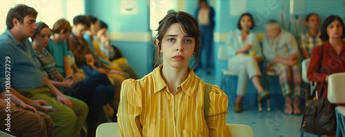 Young woman waiting in vibrant train station seating area. photo