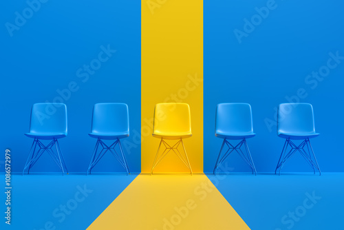 Fotografija Yellow chair standing out from the crowd of blue chairs
