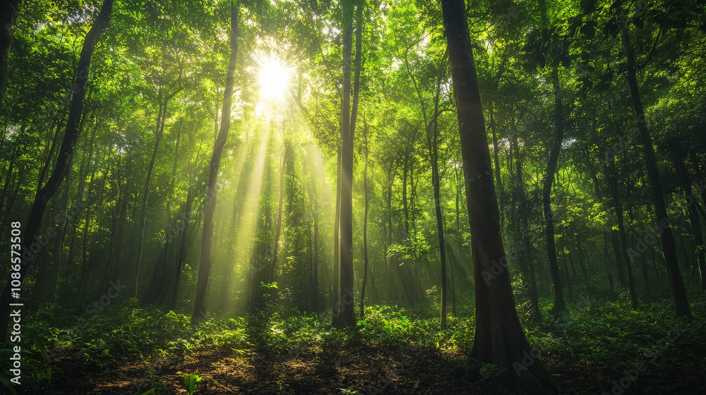 Obraz premium HDRI of a dense forest canopy with dappled sunlight