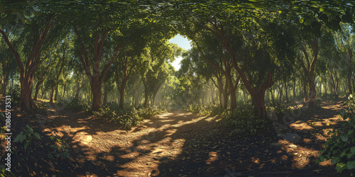 HDRI of a dense forest canopy with dappled sunlight