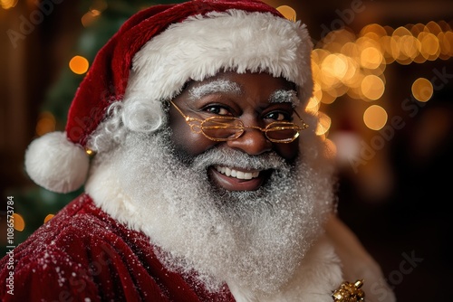 Jolly Black Santa Claus in his iconic outfit spreading holiday cheer with a hearty laugh