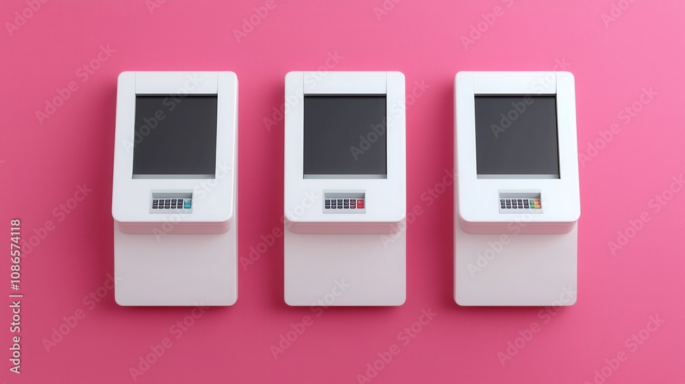 Modern Interactive Kiosks on Pink Background for User Engagement in Retail Spaces, Hospitality, and Public Areas with Functional Touch Screens Modern Interactive Kiosks on Pink Background for User Engagement in Retail Spaces, Hospitality, and Public Areas with Functional Touch Screens