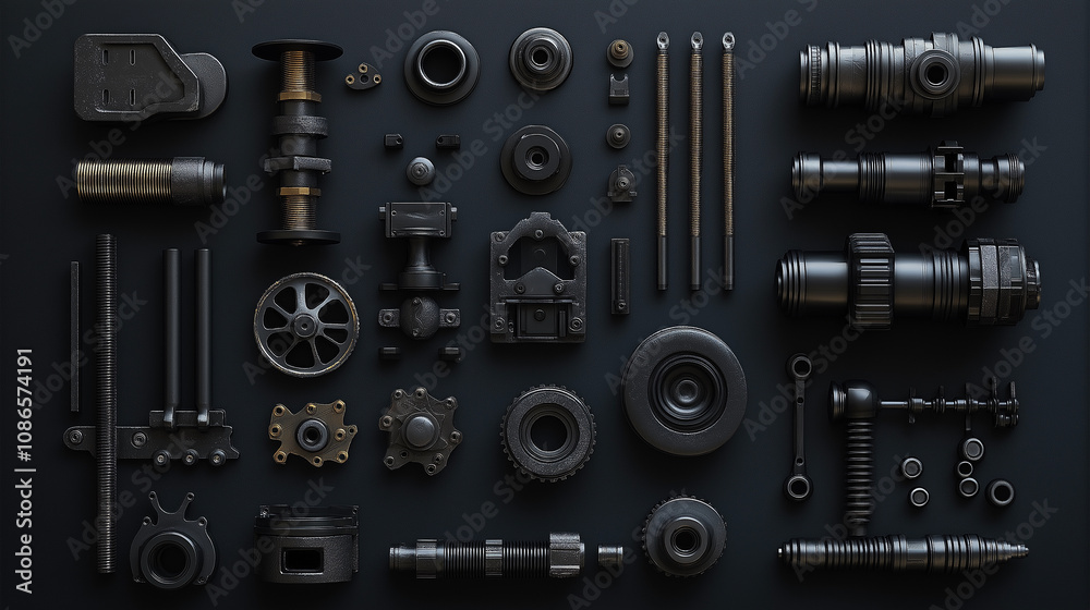 Black mechanical parts on a black board Black mechanical parts on a black board