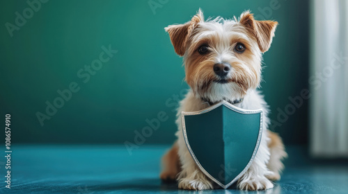 3D render of dog sitting under protective shield, symbolizing pet insurance