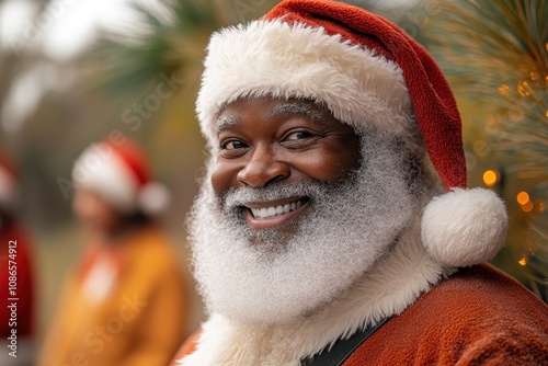 Kind-hearted Black Santa Claus in his iconic outfit rotated to face the camera smiling with genuine kindness and warmth photo