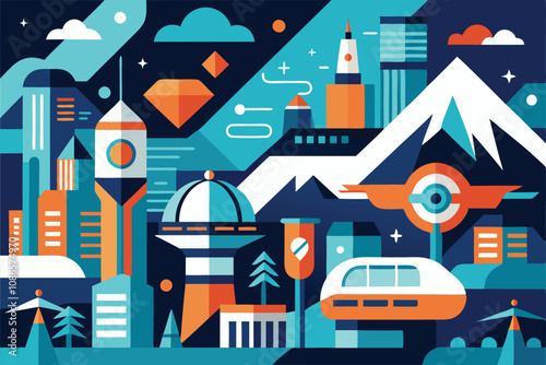 A vibrant cityscape showcases futuristic towers, mountains, and advanced technology in a geometric design, A futuristic, geometric pattern representing cutting-edge travel technology