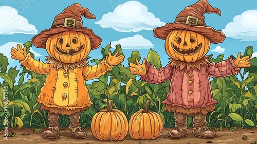 Smiling Pumpkin Scarecrow Duo in a Fall Field AI Generated photo