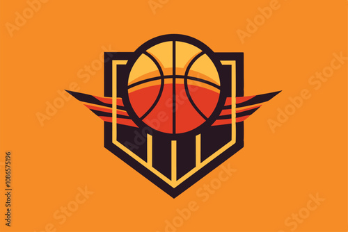 The emblem depicts a basketball with wings, symbolizing teamwork and sportsmanship on an orange backdrop, A geometric shape representing a basketball team, minimalist simple modern vector logo design