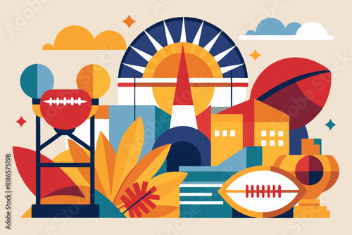 Vibrant abstract minimalist art inspired by super bowl fans and stadiums