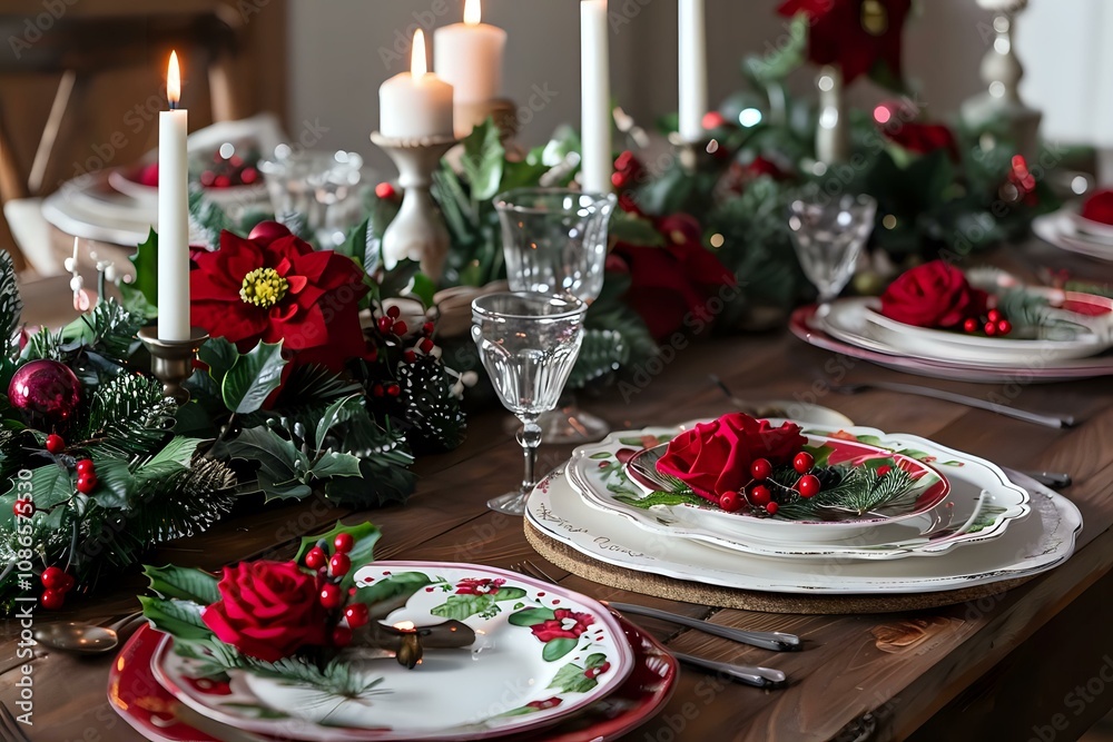 Festive Christmas Table Setting with Candles and Red Flowers Festive Christmas Table Setting with Candles and Red Flowers