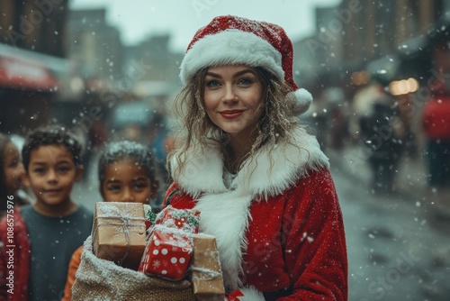 Santa Claus in female form with a sack of toys handing out presents to kids in a diverse community photo