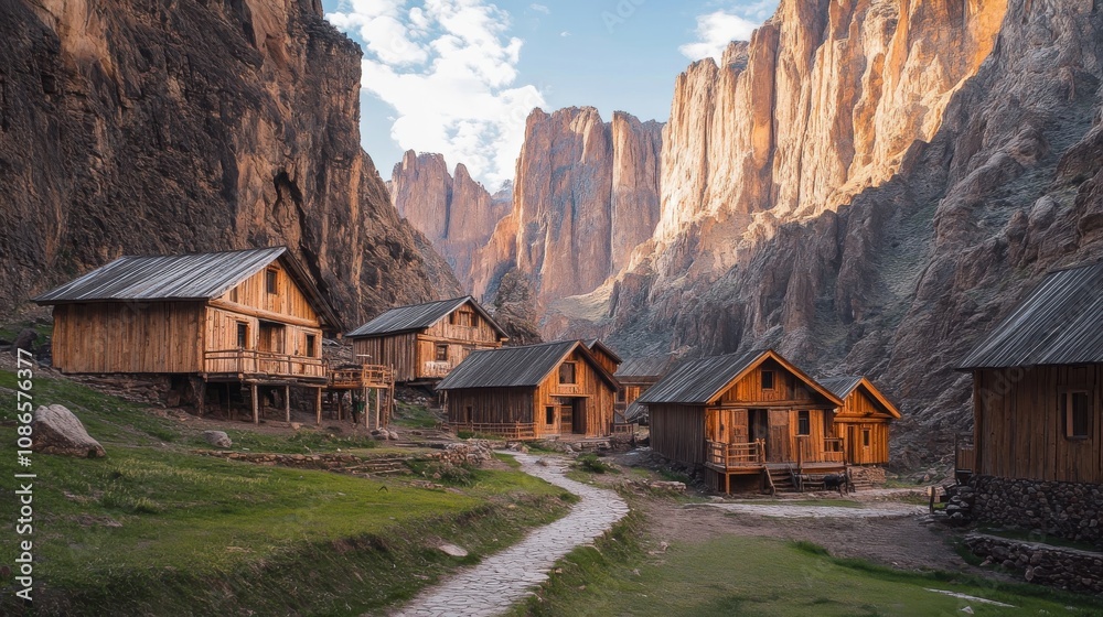 Scenic Valley with Rustic Cabins and Mountain Peaks Scenic Valley with Rustic Cabins and Mountain Peaks