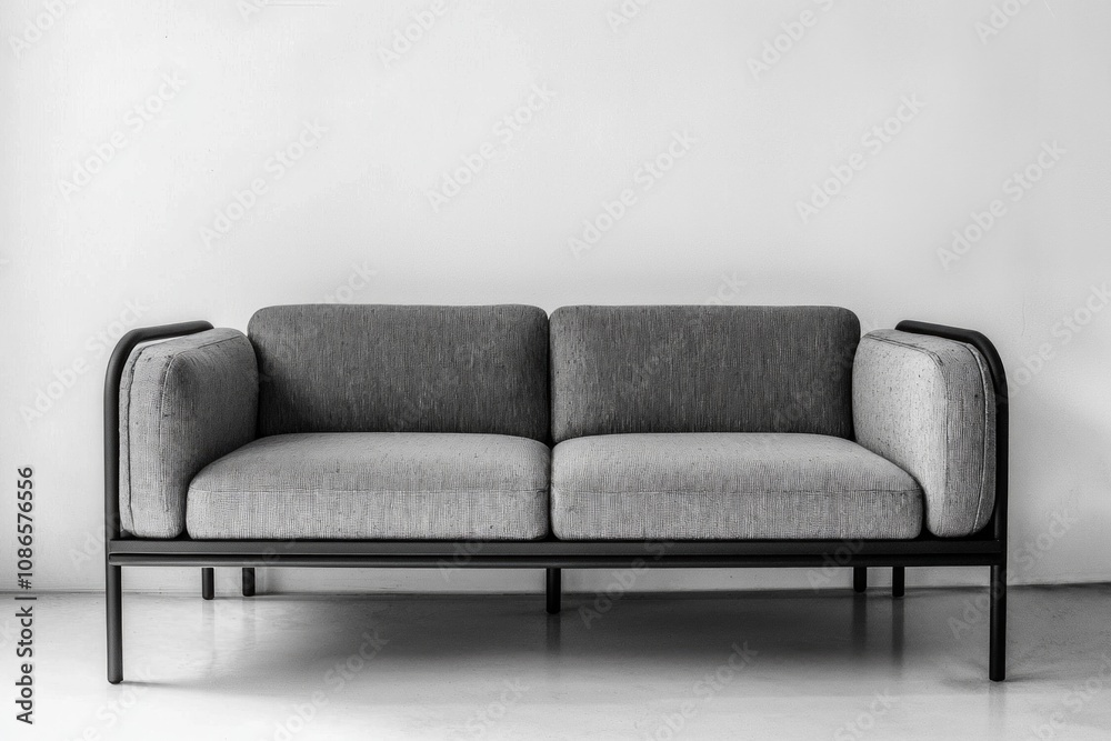 Fototapeta premium Minimalistic Modern Sofa in Empty Room: Simple, elegant sofa set against a blank wall, conveying sophistication in a minimalist interior setting.