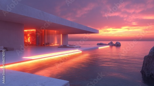 Modern architectural villa by the water at sunset.