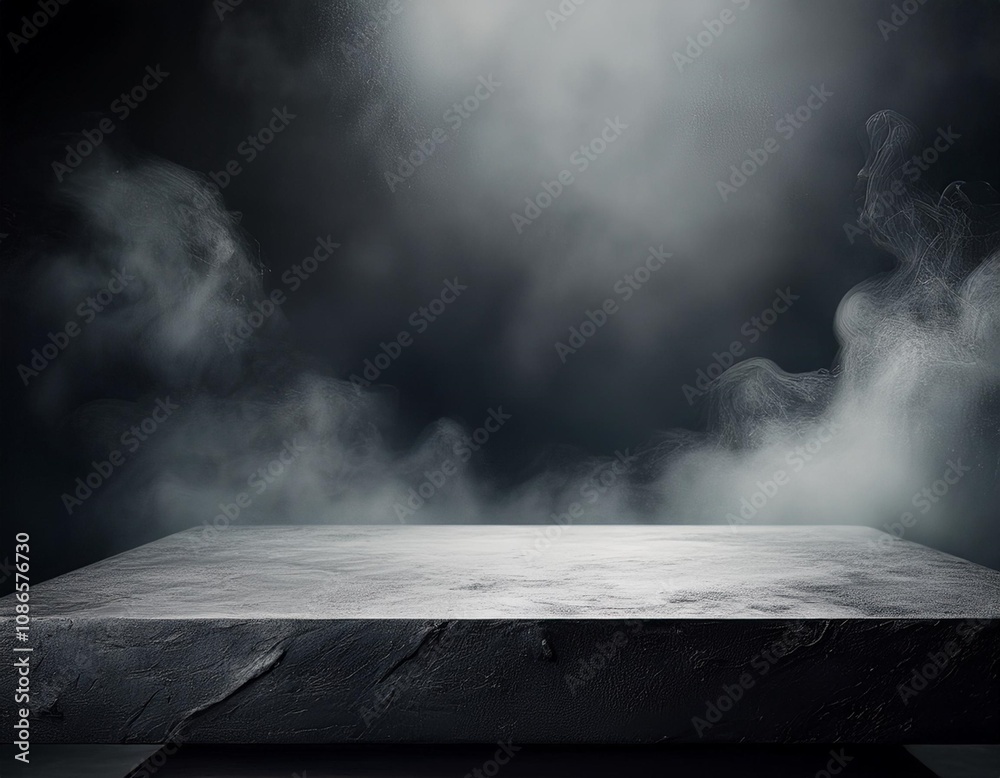 A dark, moody scene with a textured concrete surface obscured by swirling fog A dark, moody scene with a textured concrete surface obscured by swirling fog