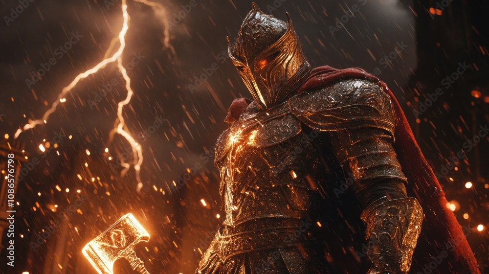 A bronze armored warrior with a lightning hammer in hand stands amidst a rainstorm and lightning strikes from the sky. A bronze armored warrior with a lightning hammer in hand stands amidst a rainstorm and lightning strikes from the sky.