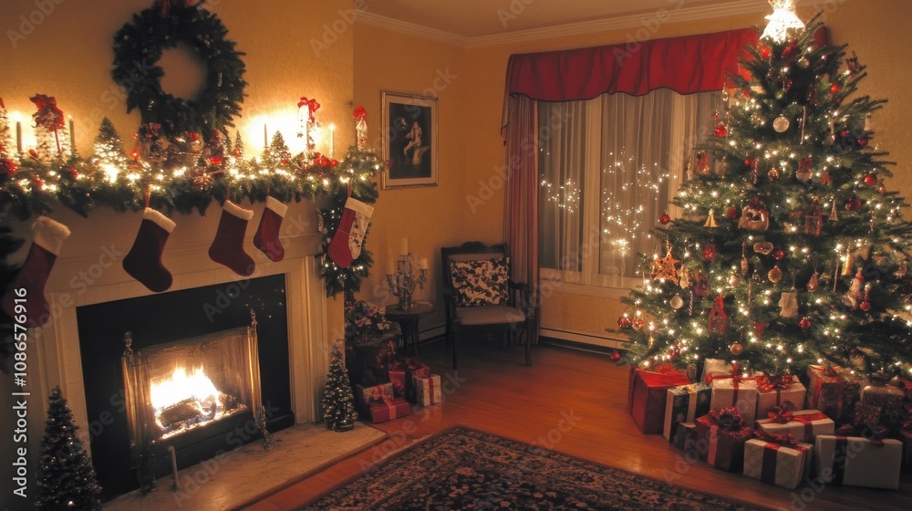 クリスマスツリーと暖炉のある部屋 クリスマスツリーと暖炉のある部屋