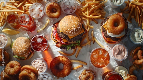 The photo showcases a dynamic overhead view of a fast food table layout, featuring perfectly styled burgers, fries, onion rings, and vibrant sodas, all set against a glossy white table with dramatic s