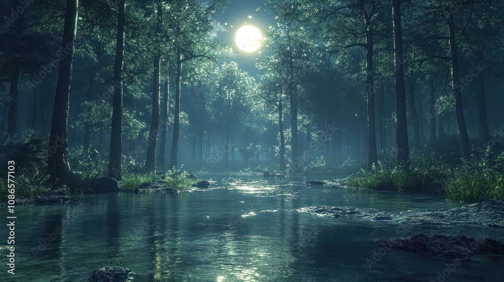 A forest with clear water flowing through tall trees and moonlight reflecting on the water's surface A forest with clear water flowing through tall trees and moonlight reflecting on the water's surface