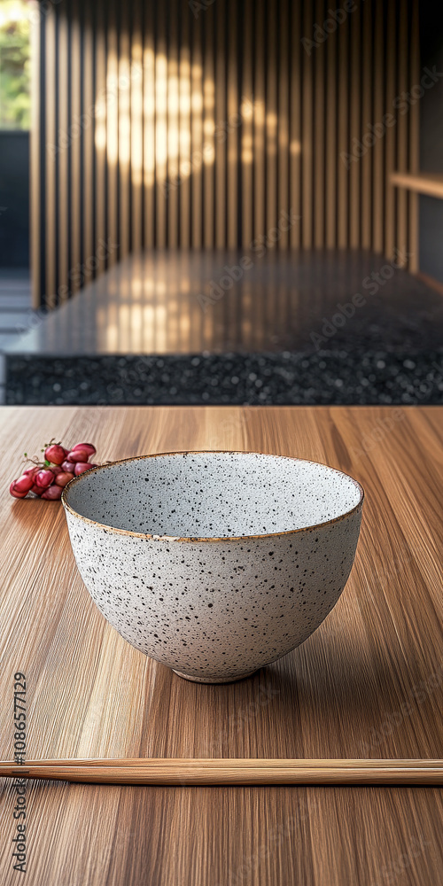 A minimalist bowl on a wooden table with fresh grapes in a modern dining space at sunset A minimalist bowl on a wooden table with fresh grapes in a modern dining space at sunset