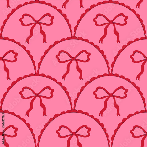 Seamless pattern with red bows on a pink background. Vector graphics.