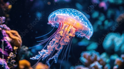 A glowing, translucent jellyfish with tendrils that sparkle in the deep, dark waters, illuminating the surrounding coral reefs