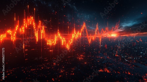 Abstract Digital Stock Market Graphic Depicting Stock Trends and Price Fluctuations Against a Dramatic Sunset Skyline Background