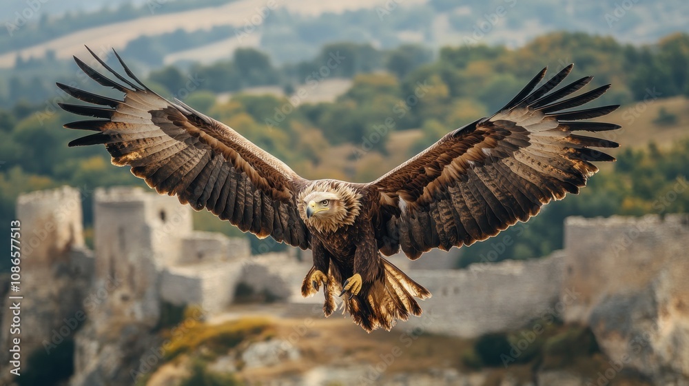A griffon with eagle wings and a lion's body. Soaring over the ancient fortress A griffon with eagle wings and a lion's body. Soaring over the ancient fortress
