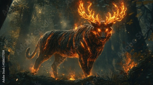 A half-deer, half-tiger creature with glowing horns and a fiery mane stalking the mysterious forest photo