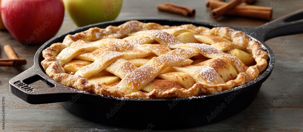 Warm apple pie on a cast iron skillet, rustic background with apples, cinnamon, and powdered sugar lightly dusted on top 