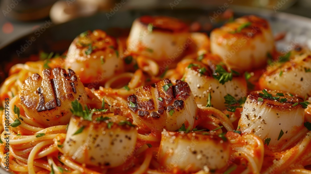 A delicious plate of spaghetti topped with perfectly seared scallops, garnished with herbs for a gourmet seafood dish. A delicious plate of spaghetti topped with perfectly seared scallops, garnished with herbs for a gourmet seafood dish.