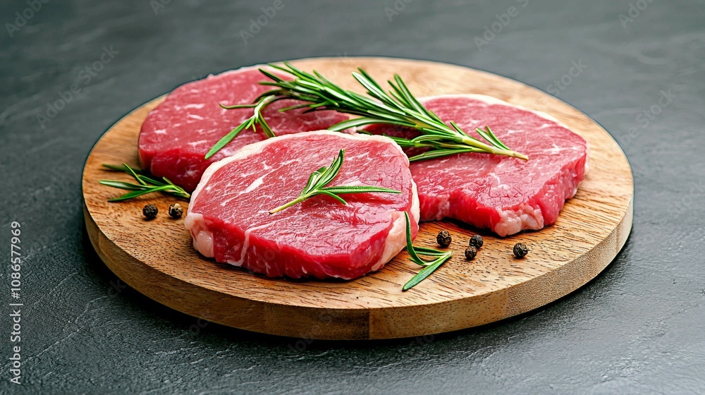 Fresh Cuts of Premium Beef on a Rustic Wooden Board with Green Rosemary Sprigs and Whole Peppercorns Ready for Cooking or Grilling in Culinary Presentation Fresh Cuts of Premium Beef on a Rustic Wooden Board with Green Rosemary Sprigs and Whole Peppercorns Ready for Cooking or Grilling in Culinary Presentation