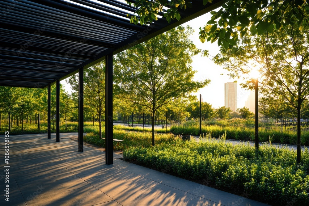 Fototapeta premium Urban park pavilion with stainless steel alloy roofing, combining industrial strength and artistic expression