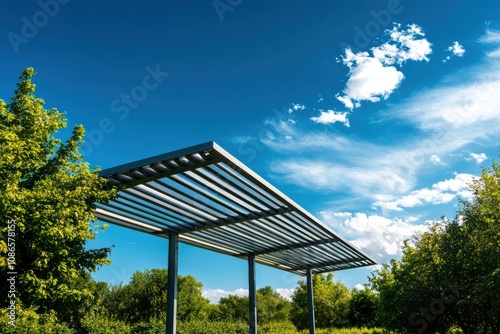 Urban park pavilion with stainless steel alloy roofing, combining industrial strength and artistic expression