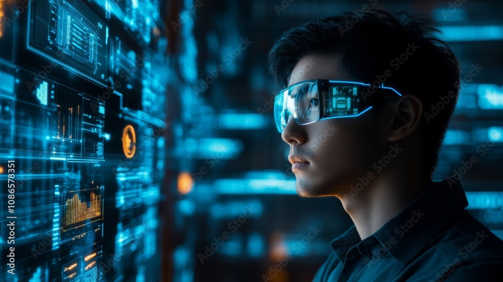 A tech-savvy individual wearing futuristic glasses, gazing thoughtfully at a digital interface filled with glowing data and graphics.
