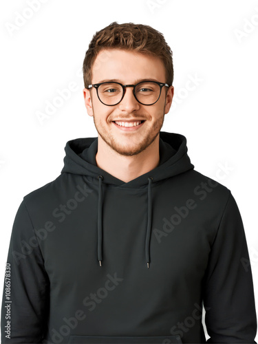 Happy young man in glasses, wearing a casual hoodie, transparent background, natural lighting.