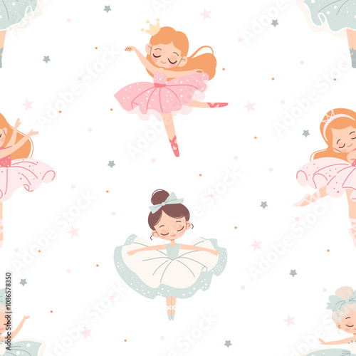 Seamless vector pattern in children's style. Cute ballerina and stars on white background . Vector illustration