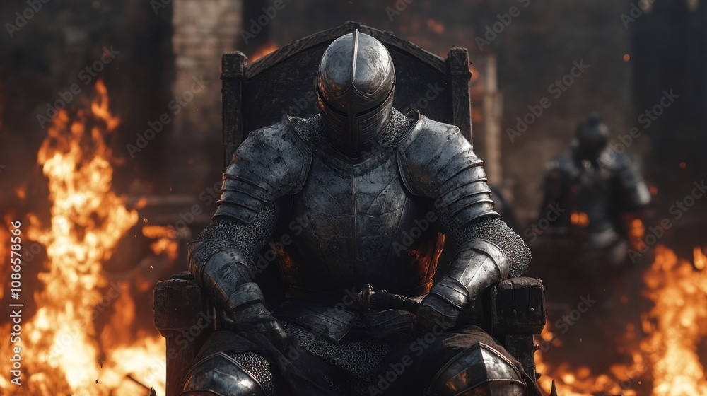 A silver-armored knight sitting on a throne surrounded by flames and fortifications A silver-armored knight sitting on a throne surrounded by flames and fortifications