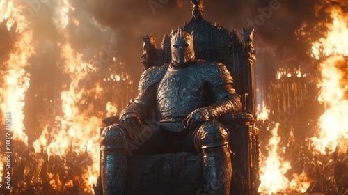 A silver-armored knight sitting on a throne surrounded by flames and fortifications photo