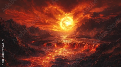 A volcanic landscape with raging lava flowing under a blood-red sky