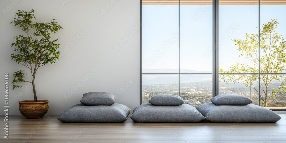 Cozy interior with large cushions and a view of greenery and mountains during daylight Cozy interior with large cushions and a view of greenery and mountains during daylight